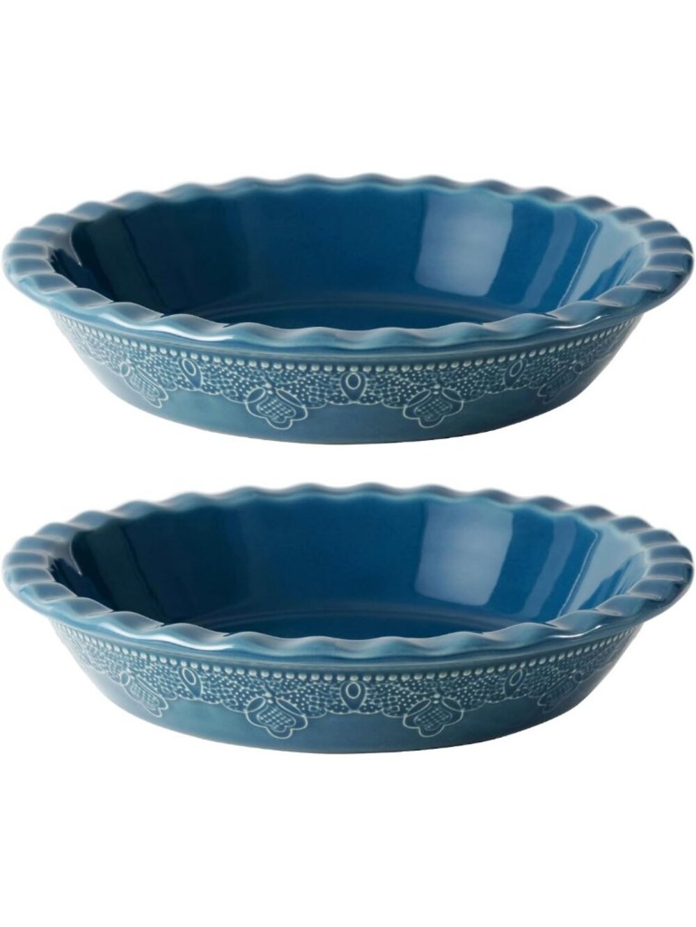 Set of 2 Deep Dish Ceramic Pie Pans, 9 Inch Lace Embossed Ruffled Baking Dishes